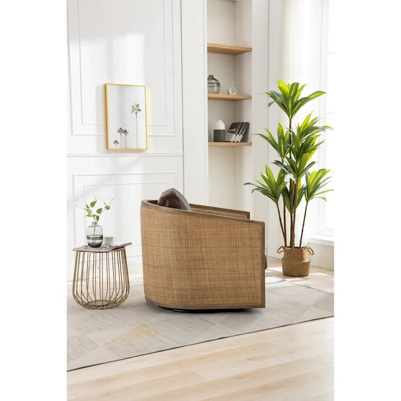 Poltrona a botte girevole, comoda poltrona rotonda d'accento, poltrona club a botte girevole a 360 gradi, poltrona relax con struttura in rattan intrecciato 37
