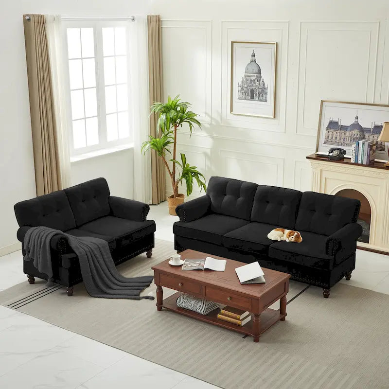 Set of 3 Chenille Sofa Set for Living Room, Button-Tufted & Nailhead Upholstery, Solid Rubberwood Legs 40