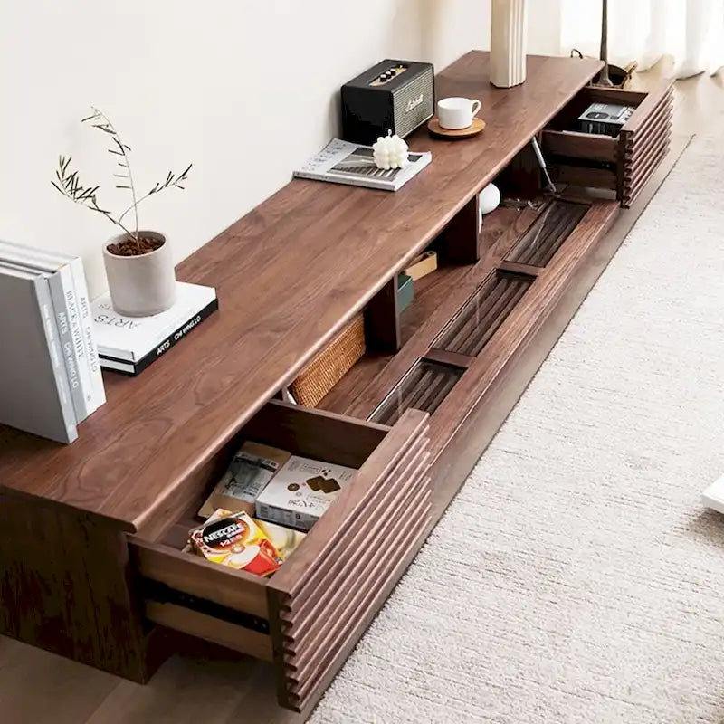 Minimalist TV Stand with DrawersSolid Wood Media Console with Cabinets, Flip-down Door, Walnut Veneer, Fully-Assembled 5