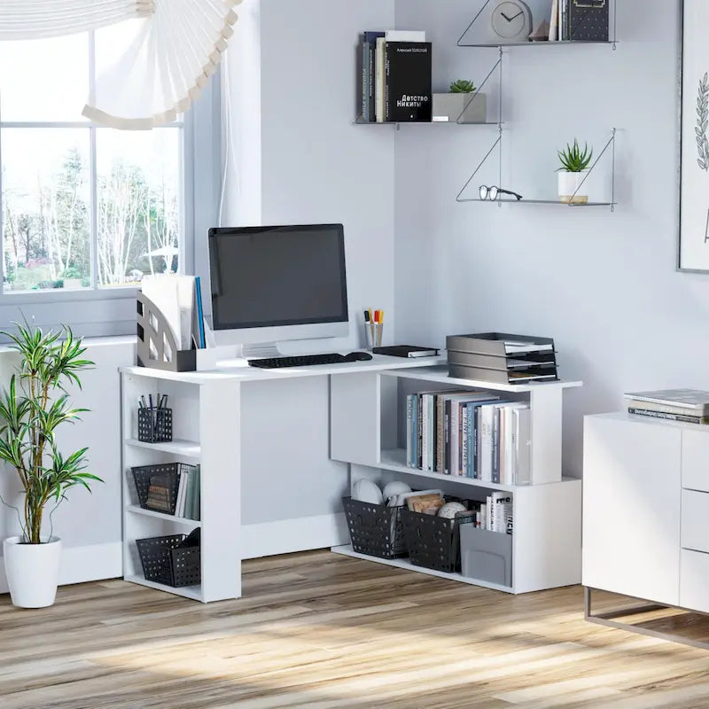 HOMCOM 360 Rotating L-Shaped Corner Desk: White, with Storage Shelves 3
