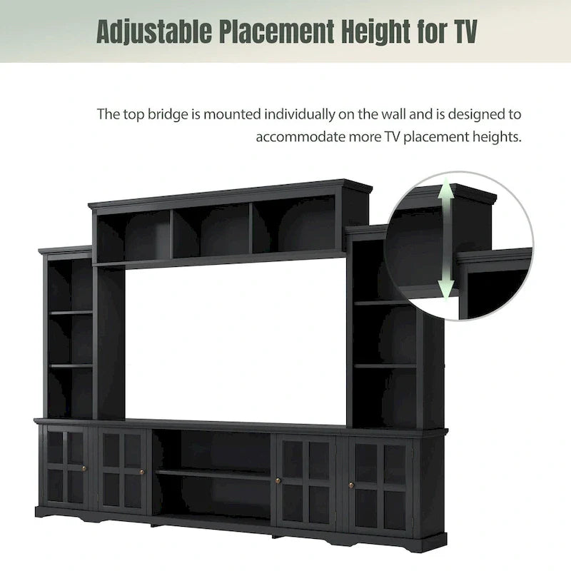 Entertainment Wall Unit with Bridge, Tempered Glass Doors for TVs Up to 70 26
