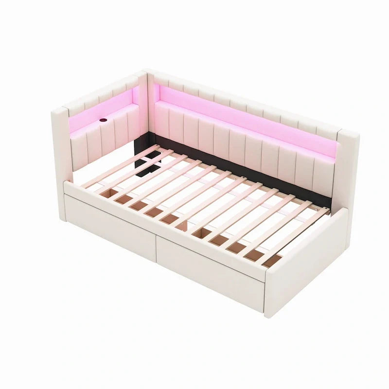 Upholstered Platform Bed with USB Ports & LED Lighting - Full/Twin Size Bed Frame with 2 Storage Drawers - Modern Bedroom 8