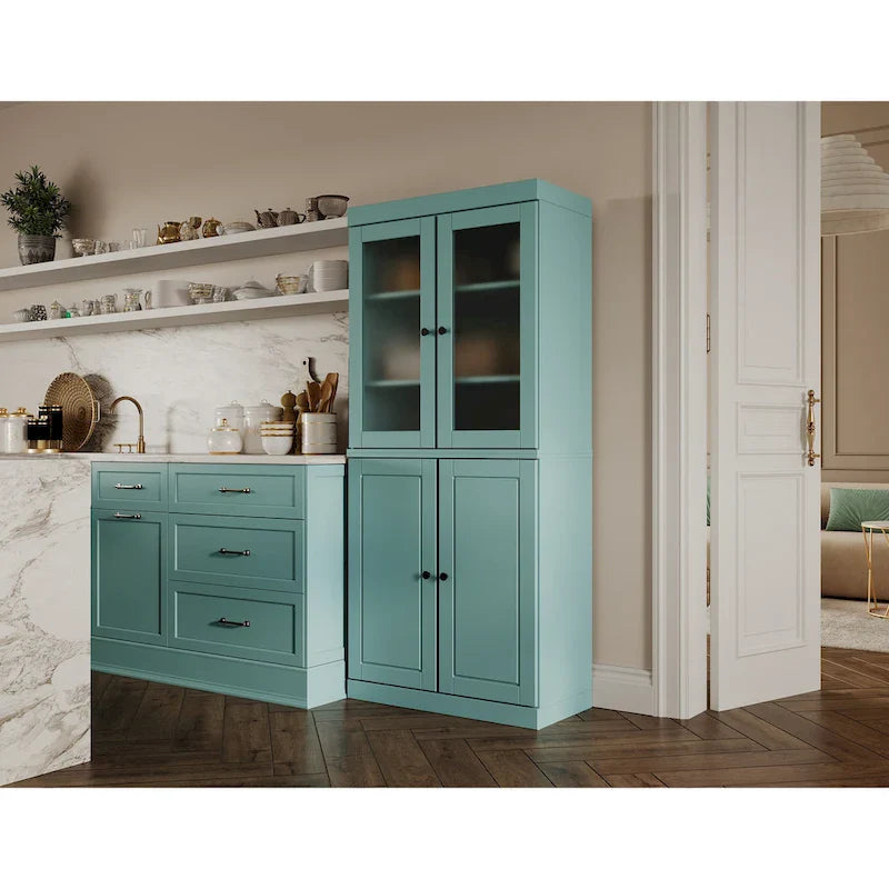 100% Solid Wood Pantry Cabinet with Frosted Glass Doors, Solid Doors, 2-Drawers and Adjustable Shelves 15