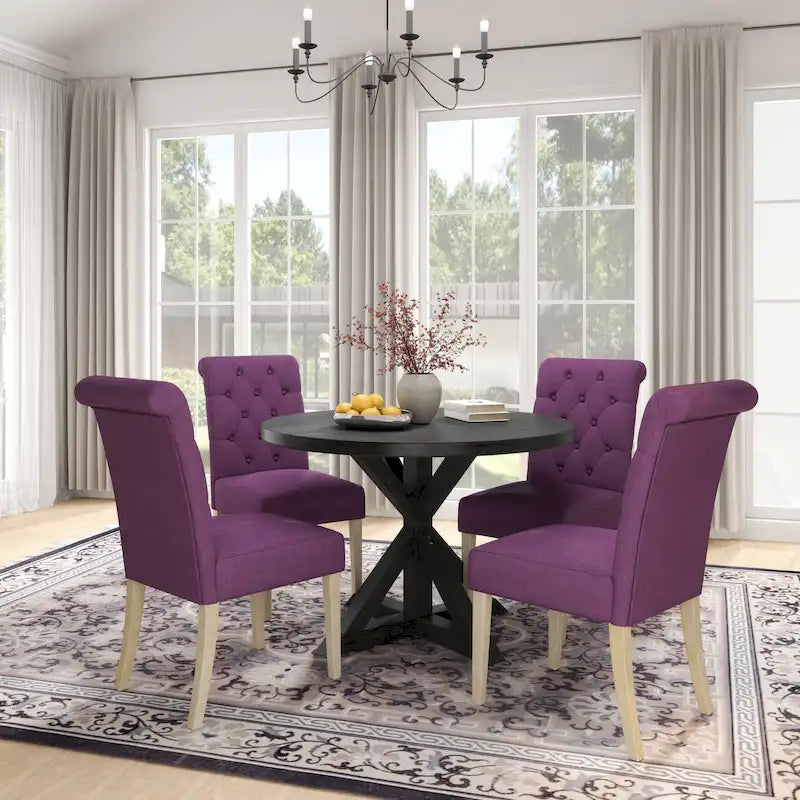 5 Piece Dining Table Set, Wooden Kitchen Furniture Set, Round Table with Cross-Buck Pedestal Base and 4 Tufted Chairs 10