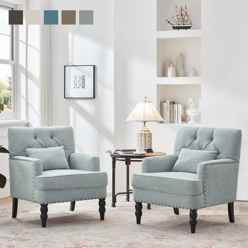 Set of 2 Arm Chair Upholstered Button Tufted Accent Chair with Lumbar Pillow Beige/ Grey/ Light Blue 11