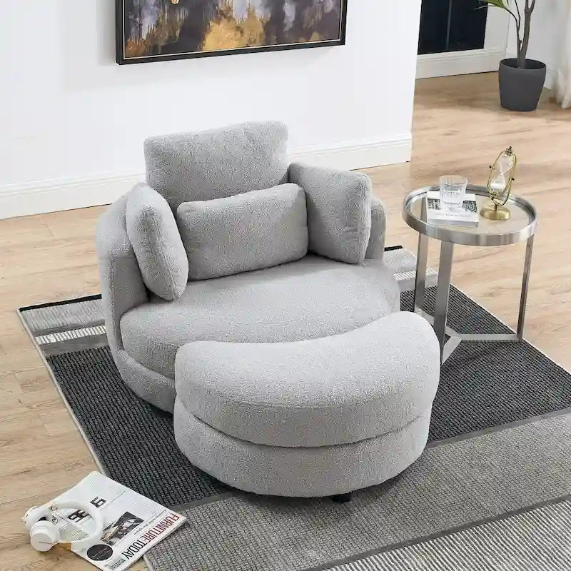 Oversized Swivel Cuddle Barrel Chair with moon storage ottoman 15