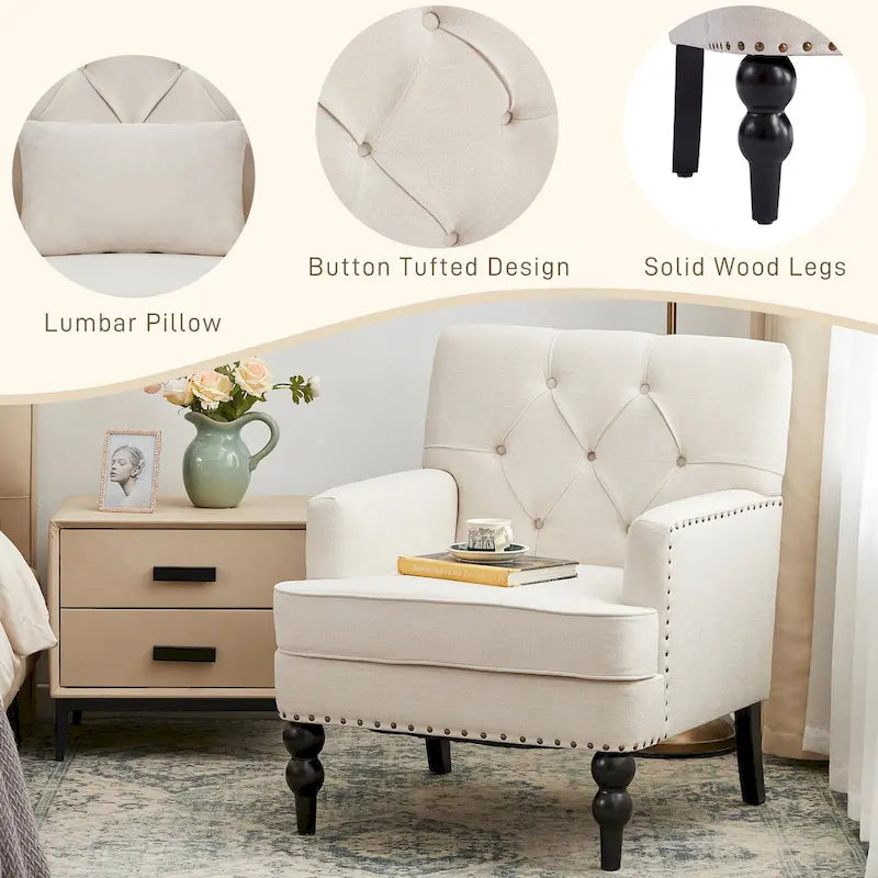 Set of 2 Arm Chair Upholstered Button Tufted Accent Chair with Lumbar Pillow Beige/ Grey/ Light Blue 26