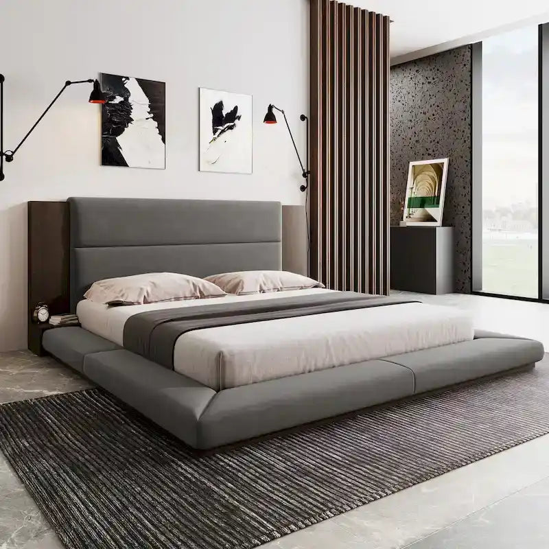 King Gray Floor Upholstered Bed Low Profile Platform Bed w/ Extended Wood Headboard, Built-in Nightstand Shelves 1
