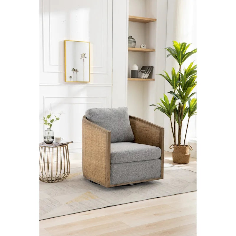 Poltrona a botte girevole, comoda poltrona rotonda d'accento, poltrona club a botte girevole a 360 gradi, poltrona relax con struttura in rattan intrecciato 15
