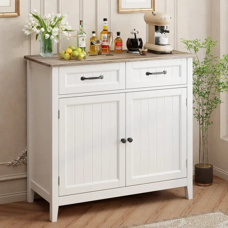 Kitchen Sideboard Buffet Storage Cabinet with 2 Drawers, Coffee Bar Cabinet ,Wood Entryway Cabinet with Double Door Cupboard 3