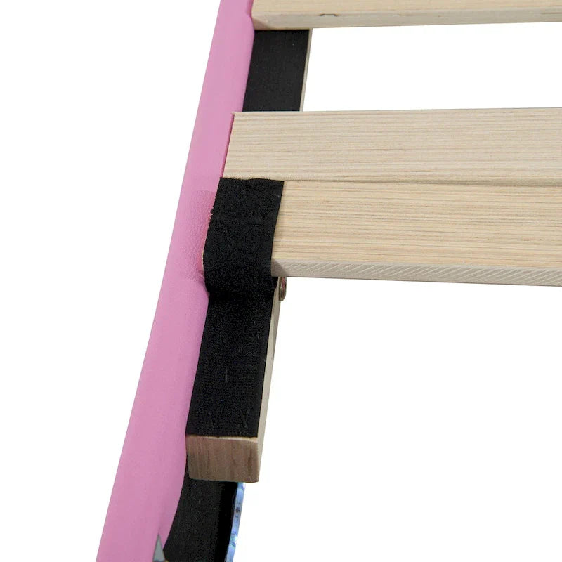 Twin Size Upholstered Bed Frame with LED Lights, Modern Upholstered Princess Bed with Crown Headboard, a Drawer, Pink+White 8