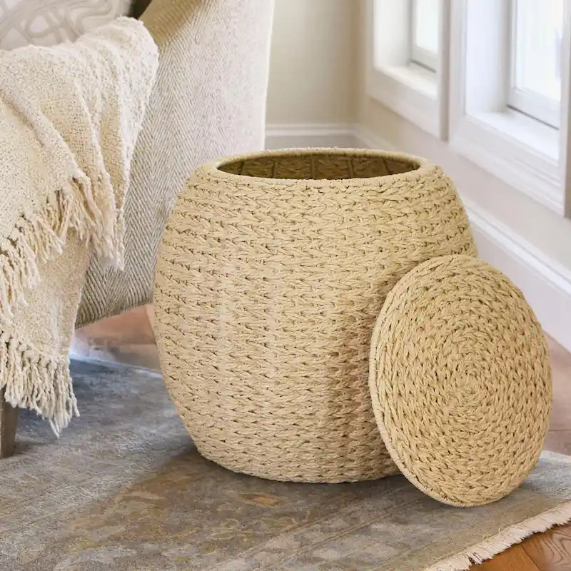 Household Essentials Handwoven Barrel Wicker Storage Basket Side Table - 17.0L x 17.0W x 19.0H 6