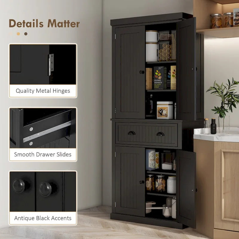 72 Kitchen Pantry Storage Cabinet, Traditional Freestanding Cabinet with 4 Doors and 3 Adjustable Shelves, Large Central Drawer 28