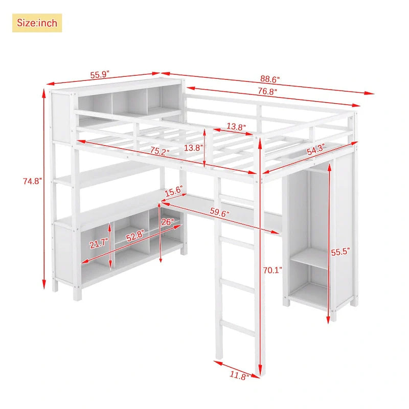 Letto a soppalco in metallo Off-White con scrivania e armadio - Matrimoniale 4