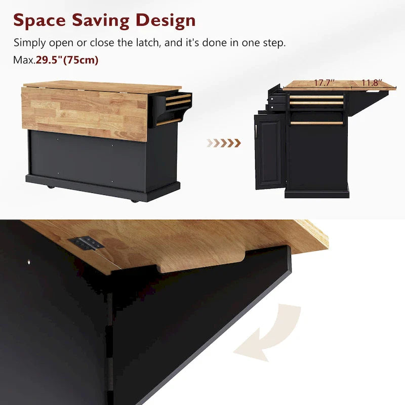 54  Large Kitchen Island with Rubber Wood Drop Leaf, Embossed Texture Rolling Kitchen Cart on 4 Wheels with 4 Doors & 3 Drawers 12