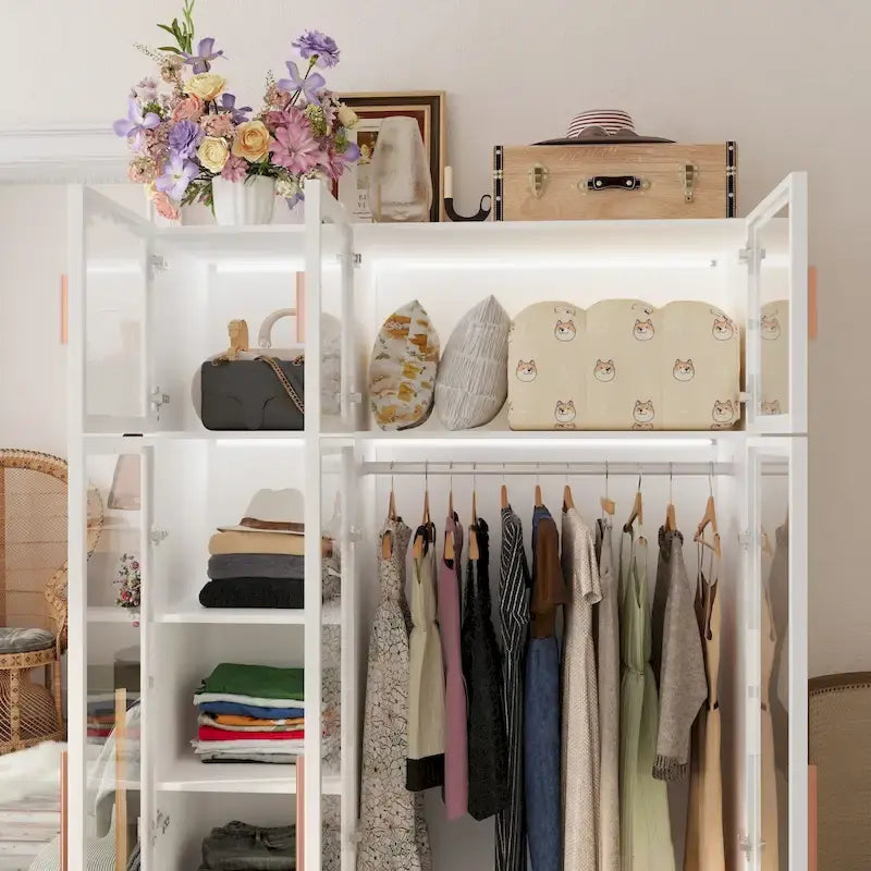 47.2 Wide Armoire LED Light All Glass Door Closet Cabinet Wardrobe 23