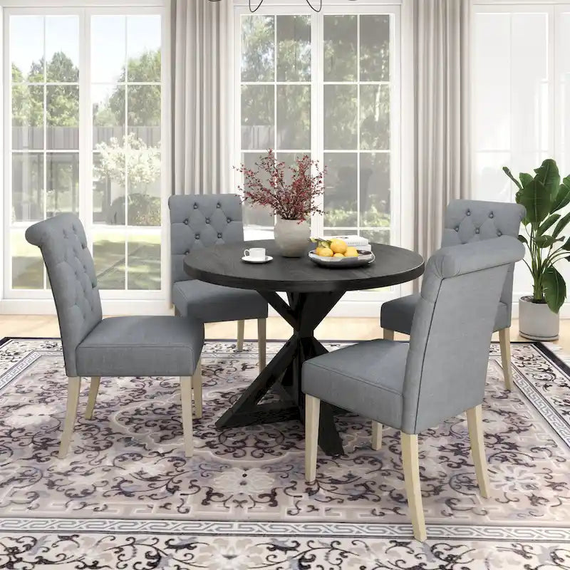 5 Piece Dining Table Set, Wooden Kitchen Furniture Set, Round Table with Cross-Buck Pedestal Base and 4 Tufted Chairs 21