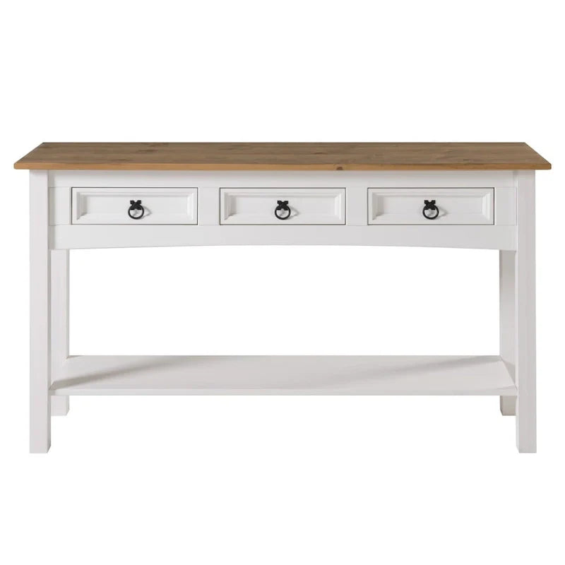 Rustic Solid Pine Console Hall Table, White Wash / Antique Brown / Gray Wash / Unpainted, 3 Drawers 15
