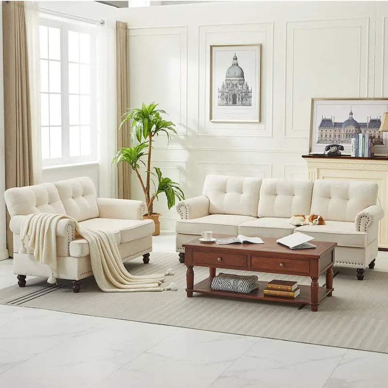 Set of 3 Chenille Sofa Set for Living Room, Button-Tufted & Nailhead Upholstery, Solid Rubberwood Legs 3