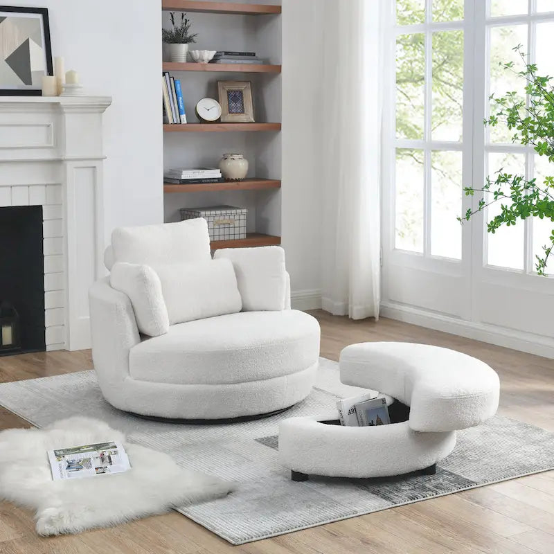 Oversized Swivel Cuddle Barrel Chair with moon storage ottoman 36