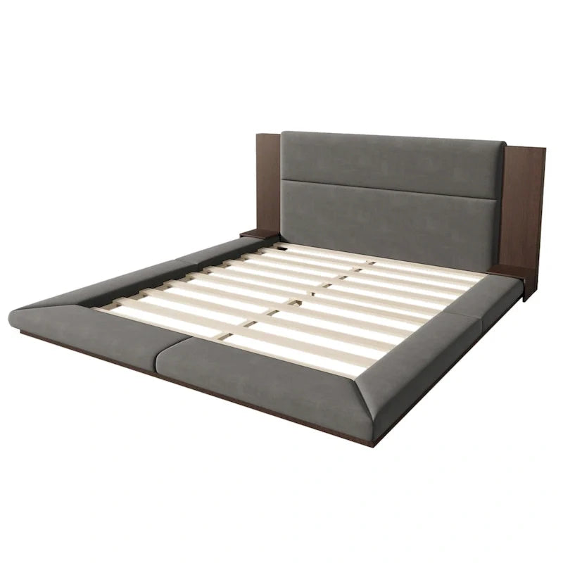 King Gray Floor Upholstered Bed Low Profile Platform Bed w/ Extended Wood Headboard, Built-in Nightstand Shelves 8