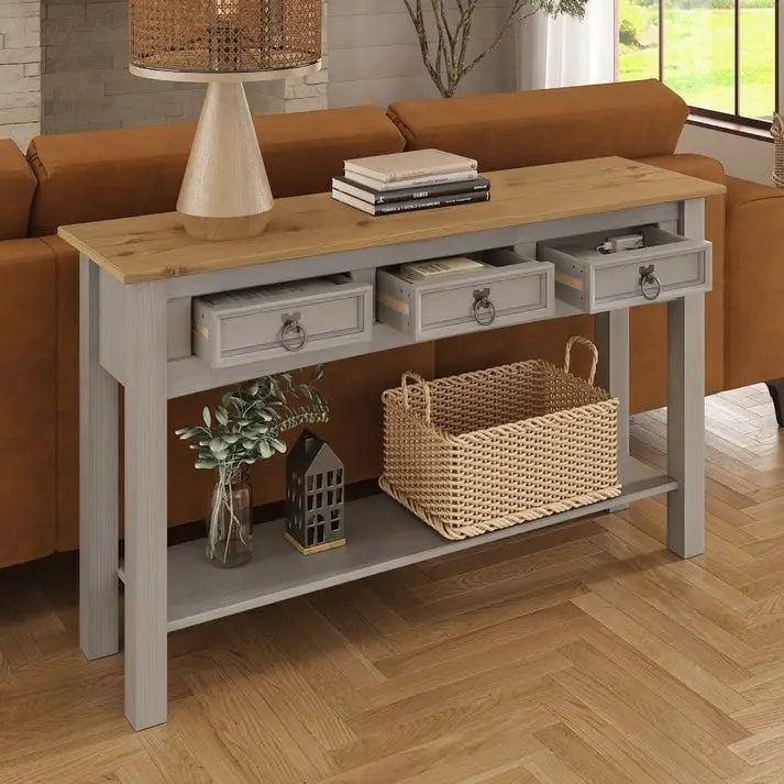 Rustic Solid Pine Console Hall Table, White Wash / Antique Brown / Gray Wash / Unpainted, 3 Drawers 23