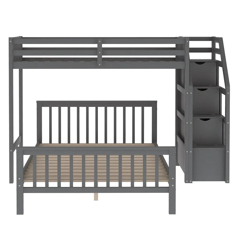Twin Over Full Wood Loft Bed with Staircase,High Guardrails and Ladder 19