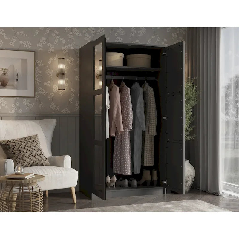 Palace Imports 100% Solid Wood 2-Door Urban Wardrobe Armoire with Solid and Mirrored Doors 25
