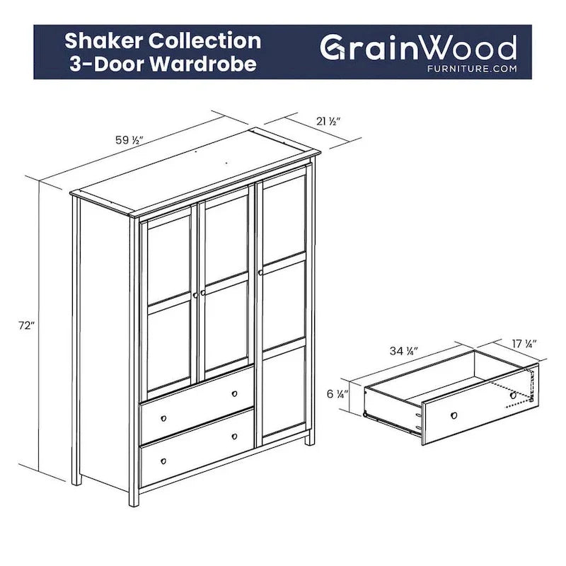 Grain Wood Furniture Shaker Wood 3-door Armoire - 60x72x22 5
