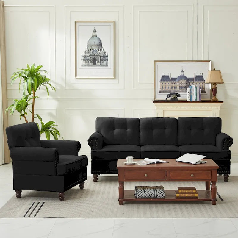 Set of 3 Chenille Sofa Set for Living Room, Button-Tufted & Nailhead Upholstery, Solid Rubberwood Legs 5