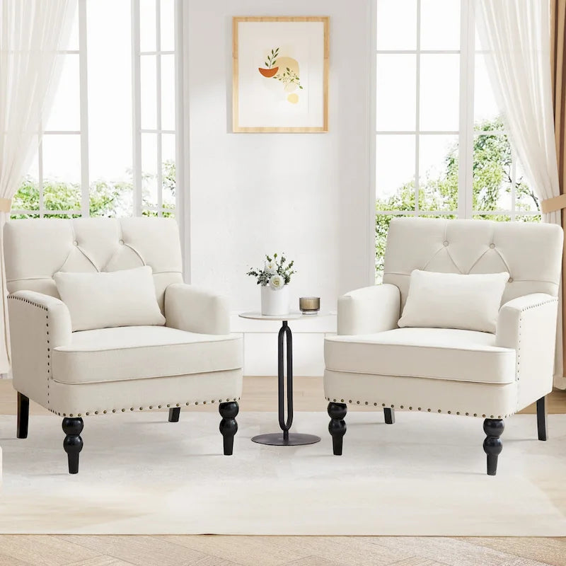 Set of 2 Arm Chair Upholstered Button Tufted Accent Chair with Lumbar Pillow Beige/ Grey/ Light Blue 22