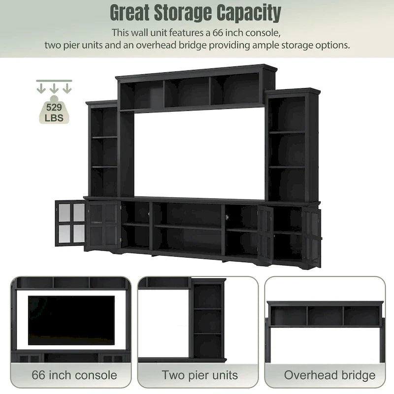 Entertainment Wall Unit with Bridge, Tempered Glass Doors for TVs Up to 70 28