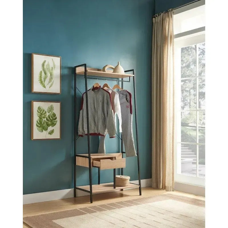 Metal Clothes Rack Open Wardrobe Free Standing with One Drawer Hanging Clothes Rod - Light Brown 3
