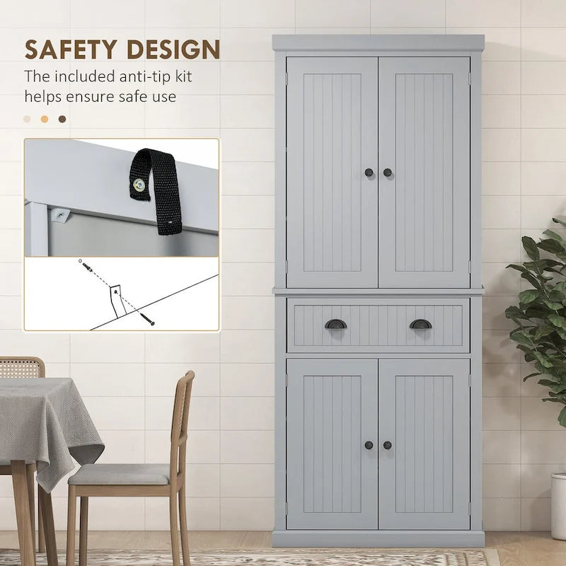 72 Kitchen Pantry Storage Cabinet, Traditional Freestanding Cabinet with 4 Doors and 3 Adjustable Shelves, Large Central Drawer 9