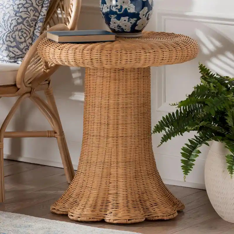 Avalon Scallop Natural Rattan Side Table - Handwoven Wicker Table with Skirted Base, Coastal Style for Living Room or Hallway 8