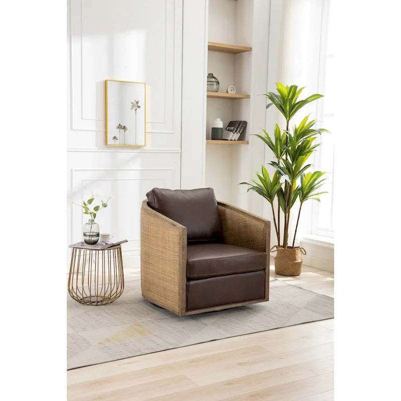 Poltrona a botte girevole, comoda poltrona rotonda d'accento, poltrona club a botte girevole a 360 gradi, poltrona relax con struttura in rattan intrecciato 10