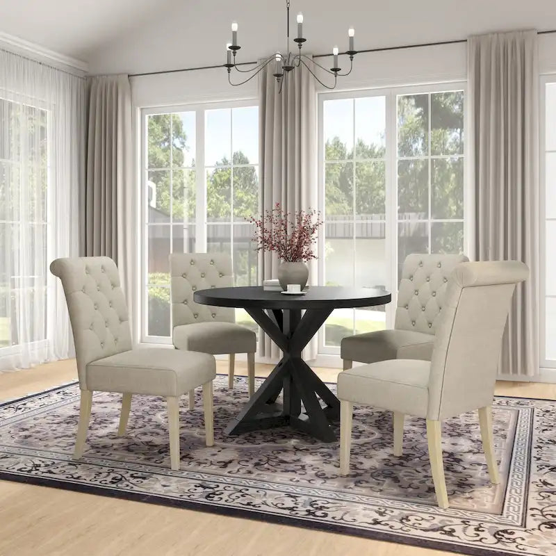 5 Piece Dining Table Set, Wooden Kitchen Furniture Set, Round Table with Cross-Buck Pedestal Base and 4 Tufted Chairs 6