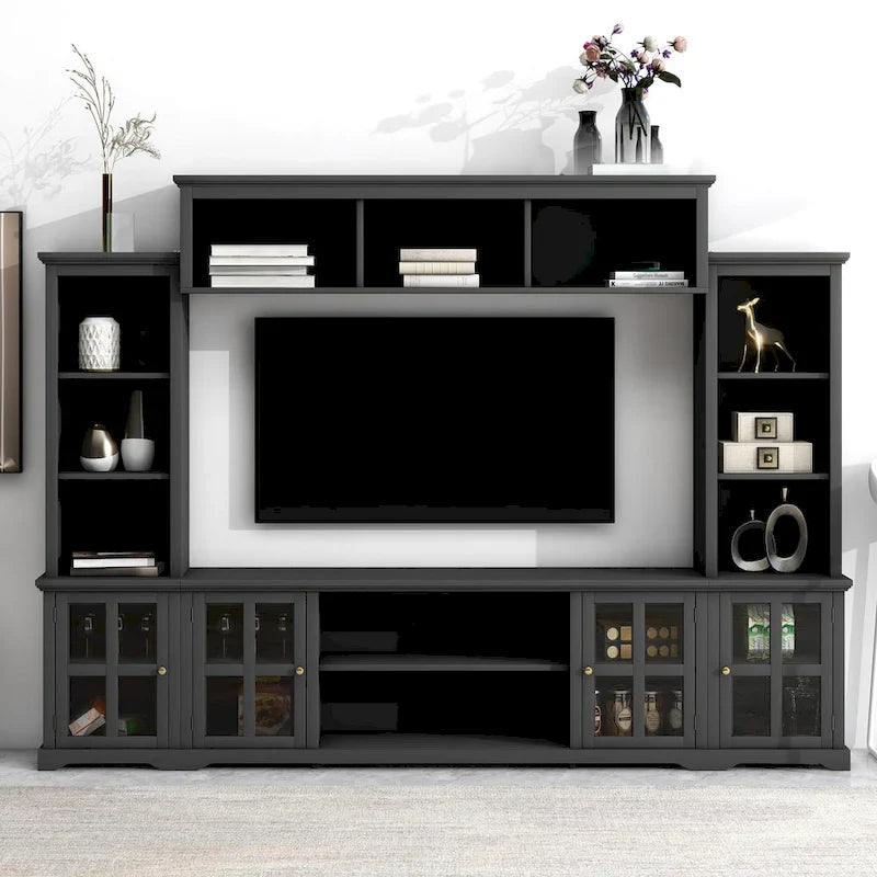 Entertainment Wall Unit with Bridge, Tempered Glass Doors for TVs Up to 70 24