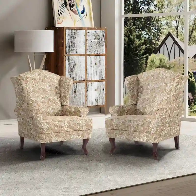 2 Set Traditional Wingback Accent Chairs Upholstered Armchair 10