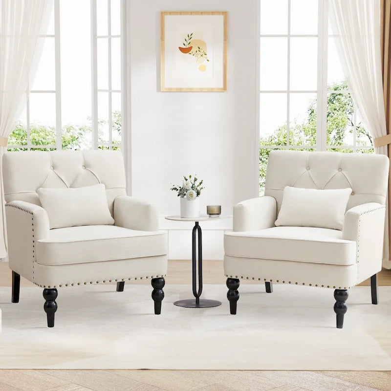 Set of 2 Arm Chair Upholstered Button Tufted Accent Chair with Lumbar Pillow Beige/ Grey/ Light Blue 4