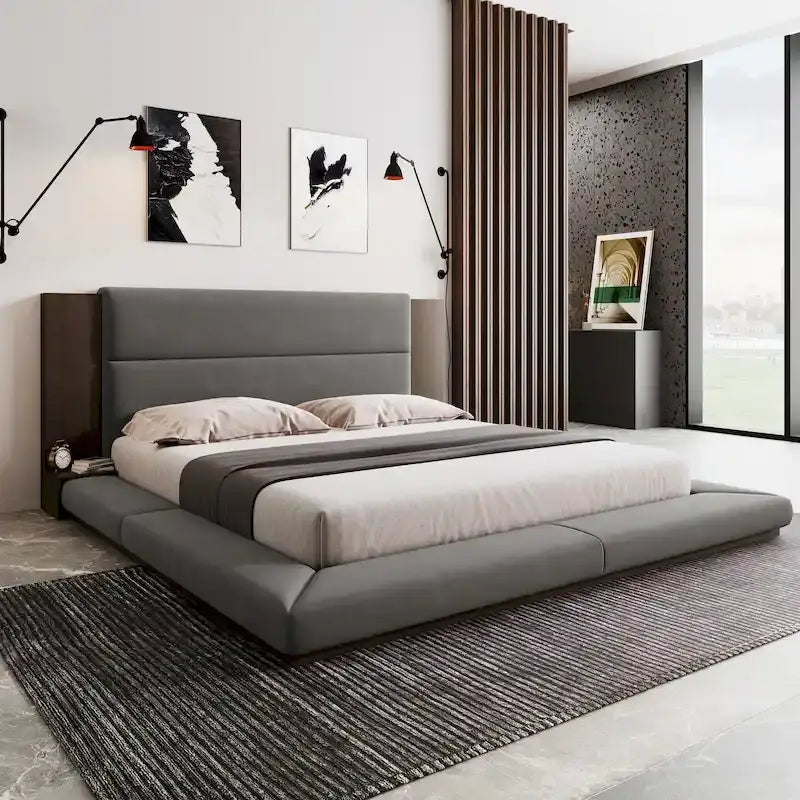 King Gray Floor Upholstered Bed Low Profile Platform Bed w/ Extended Wood Headboard, Built-in Nightstand Shelves 2