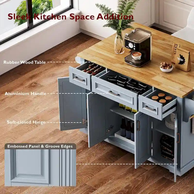 54  Large Kitchen Island with Rubber Wood Drop Leaf, Embossed Texture Rolling Kitchen Cart on 4 Wheels with 4 Doors & 3 Drawers 29
