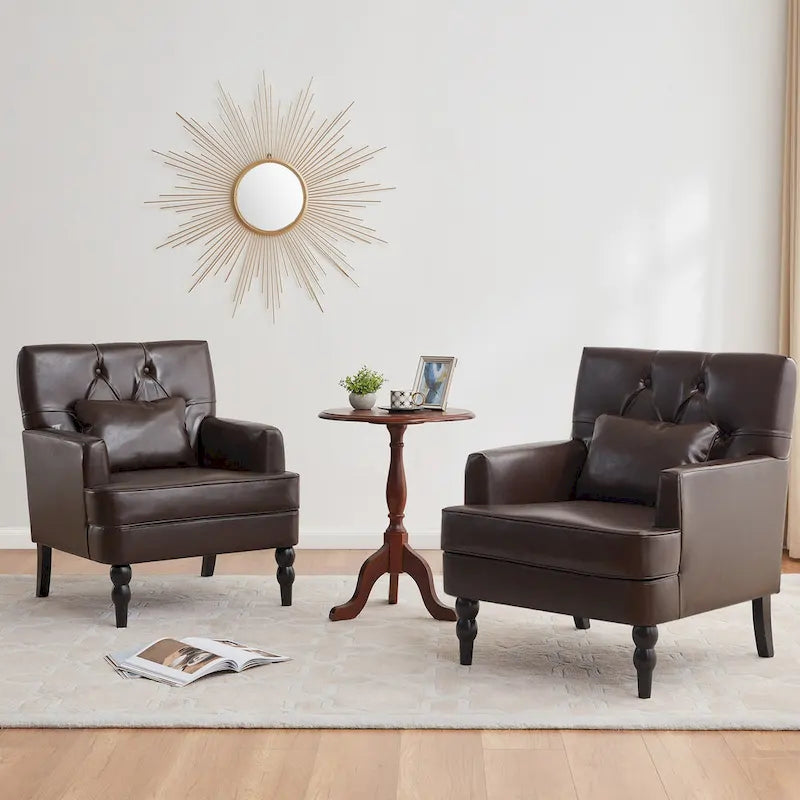 Set of 2 Arm Chair Upholstered Button Tufted Accent Chair with Lumbar Pillow Beige/ Grey/ Light Blue 15