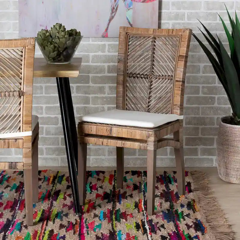 Laluna Modern Bohemian Rattan/ Mahogany Wood Dining Chair with Cushion 10