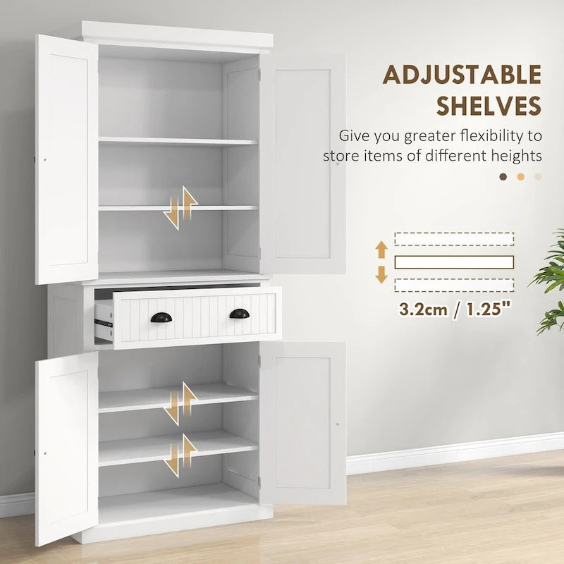 72 Kitchen Pantry Storage Cabinet, Traditional Freestanding Cabinet with 4 Doors and 3 Adjustable Shelves, Large Central Drawer 17