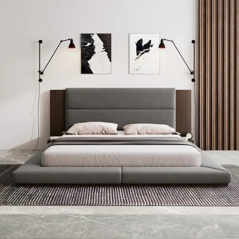 King Gray Floor Upholstered Bed Low Profile Platform Bed w/ Extended Wood Headboard, Built-in Nightstand Shelves 3