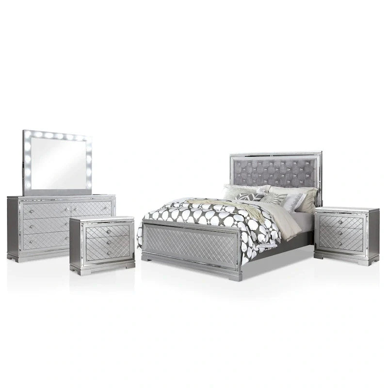 Set camera da letto 5 pezzi Seleena Glam Silver Wood con pannello trapuntato e porta USB di Furniture of America
