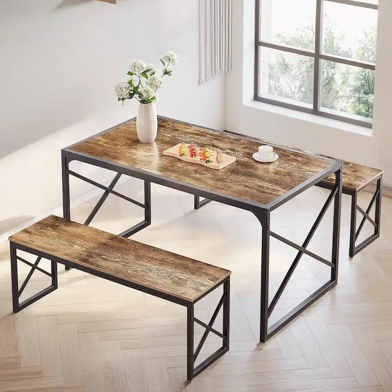 VECELO Tavolo da Pranzo 3 Pezzi con Panca, Set Tavolo da Pranzo per 4-6 Posti, Tavolo da Cucina con 2 Panche, Set Tavolo da Pranzo 3
