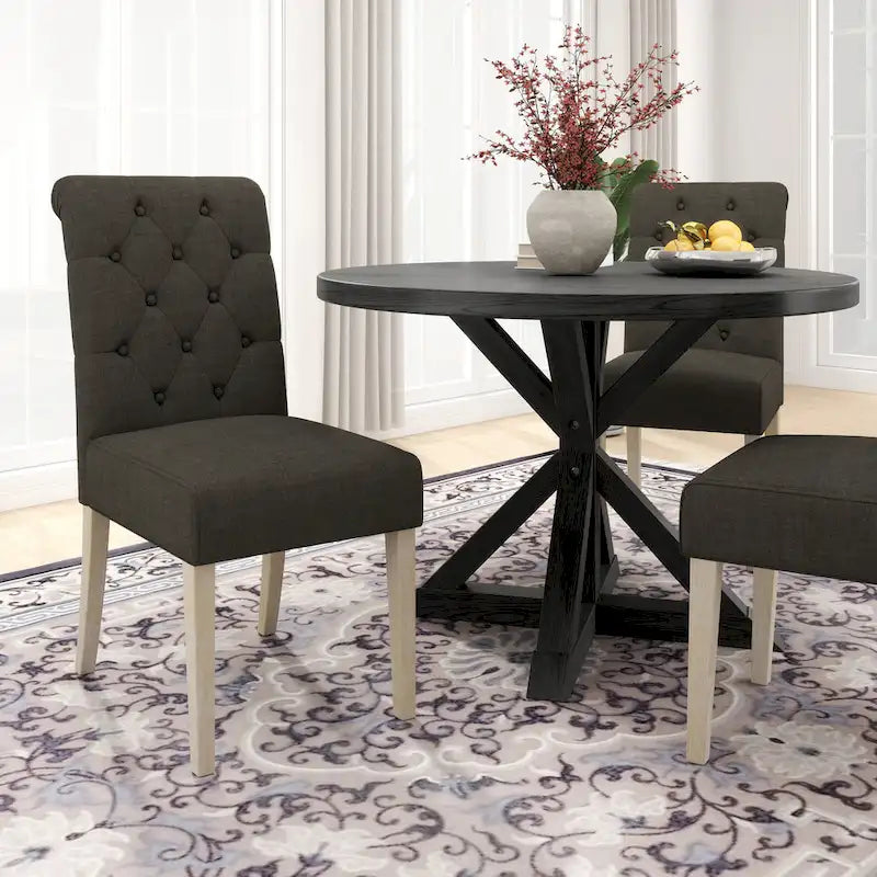 5 Piece Dining Table Set, Wooden Kitchen Furniture Set, Round Table with Cross-Buck Pedestal Base and 4 Tufted Chairs 32