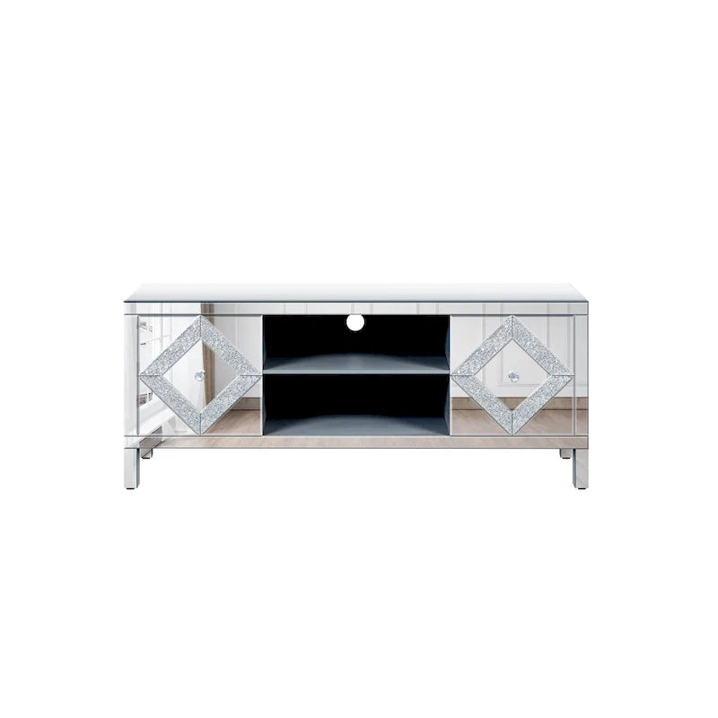 59 TV Stand with Diamond-Shaped Mirror Doors and Storage for TVs Up to 65 8